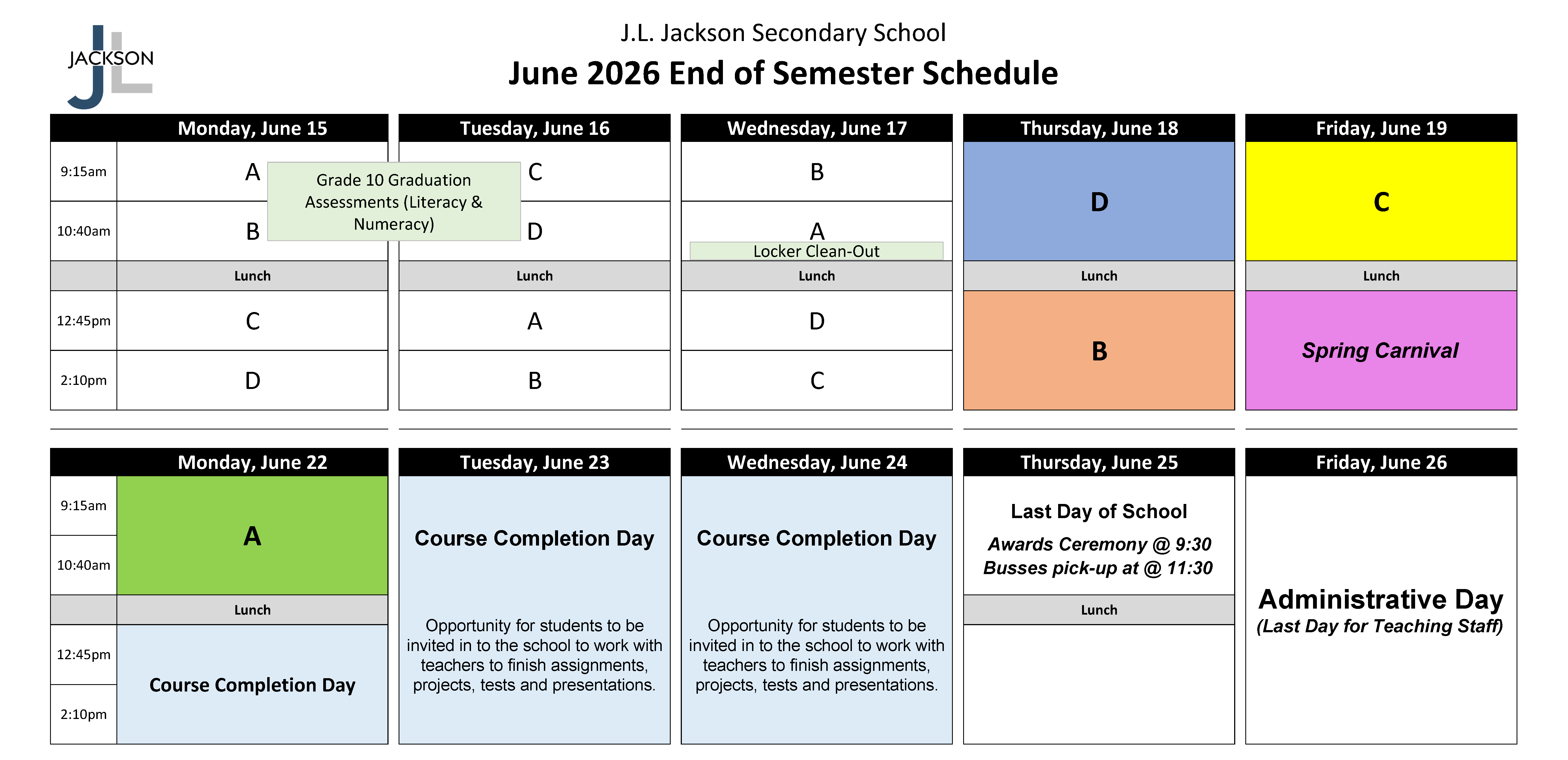 JLJ End of Semester Schedule June 2026